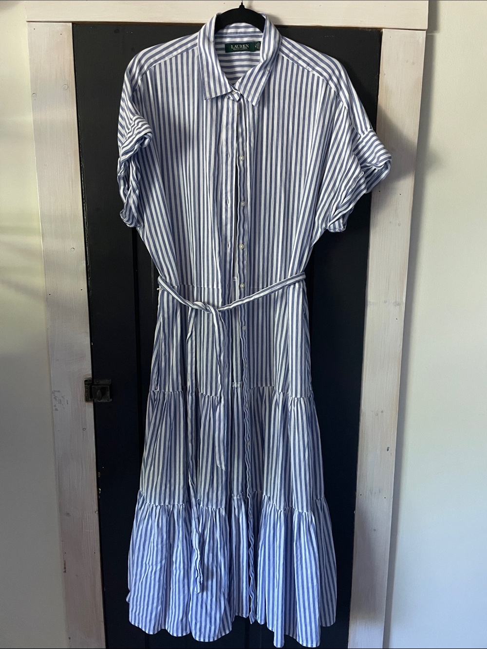 Lauren Ralph Lauren Blue & White Striped Tiered Shirt Maxi Dress